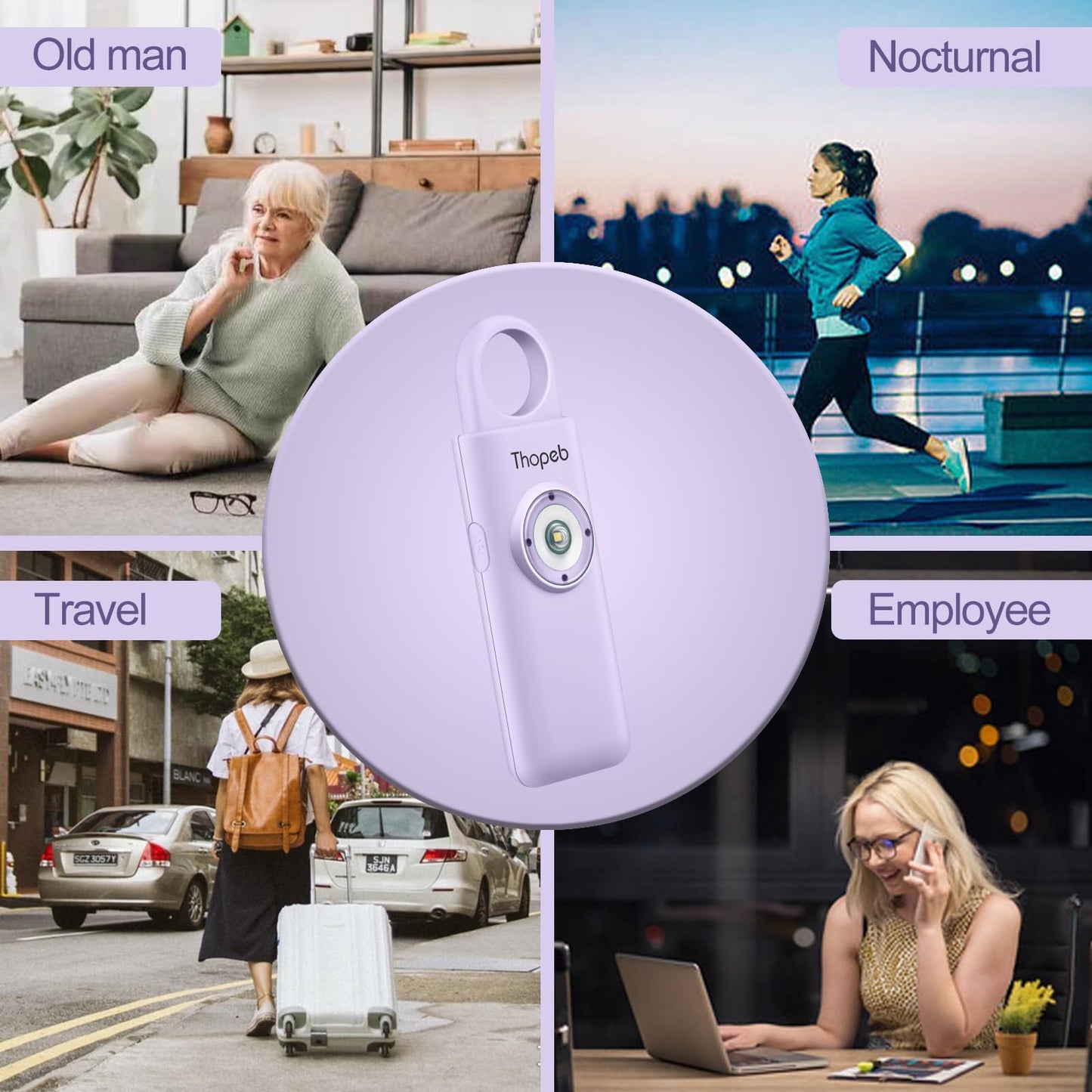 Self Defense Siren–Rechargeable–Personal Safety Alarm for Women–130dB Siren, Strobe SOS LED Light. Helps Elders & Kids Emergency Call (Orchid), Rechargeable-purple