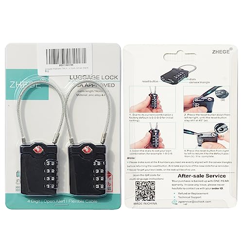TSA Luggage Locks, 4-Digit Cable Padlock (2 Pack, Black)
