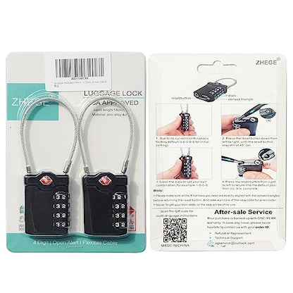 TSA Luggage Locks, 4-Digit Cable Padlock (2 Pack, Black)
