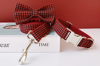 Personalised Plaid Dog Collar with Metal Buckle & Engraved Name