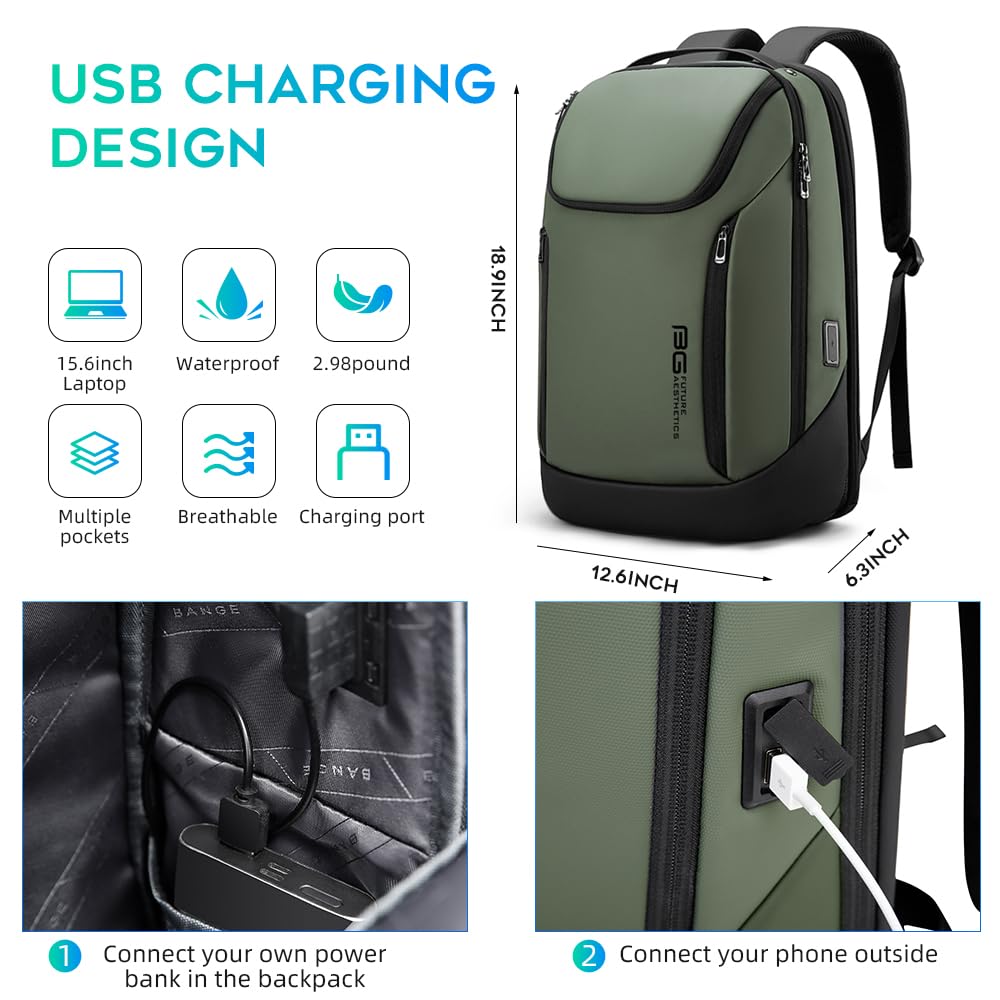 BANGE Business Laptop Backpack 15.6" USB Waterproof Green