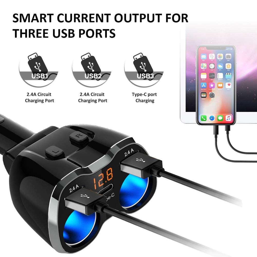 120W Car Charger Adapter | Dual USB 2.4A + Type-C | 12V/24V Power Outlet with Switch