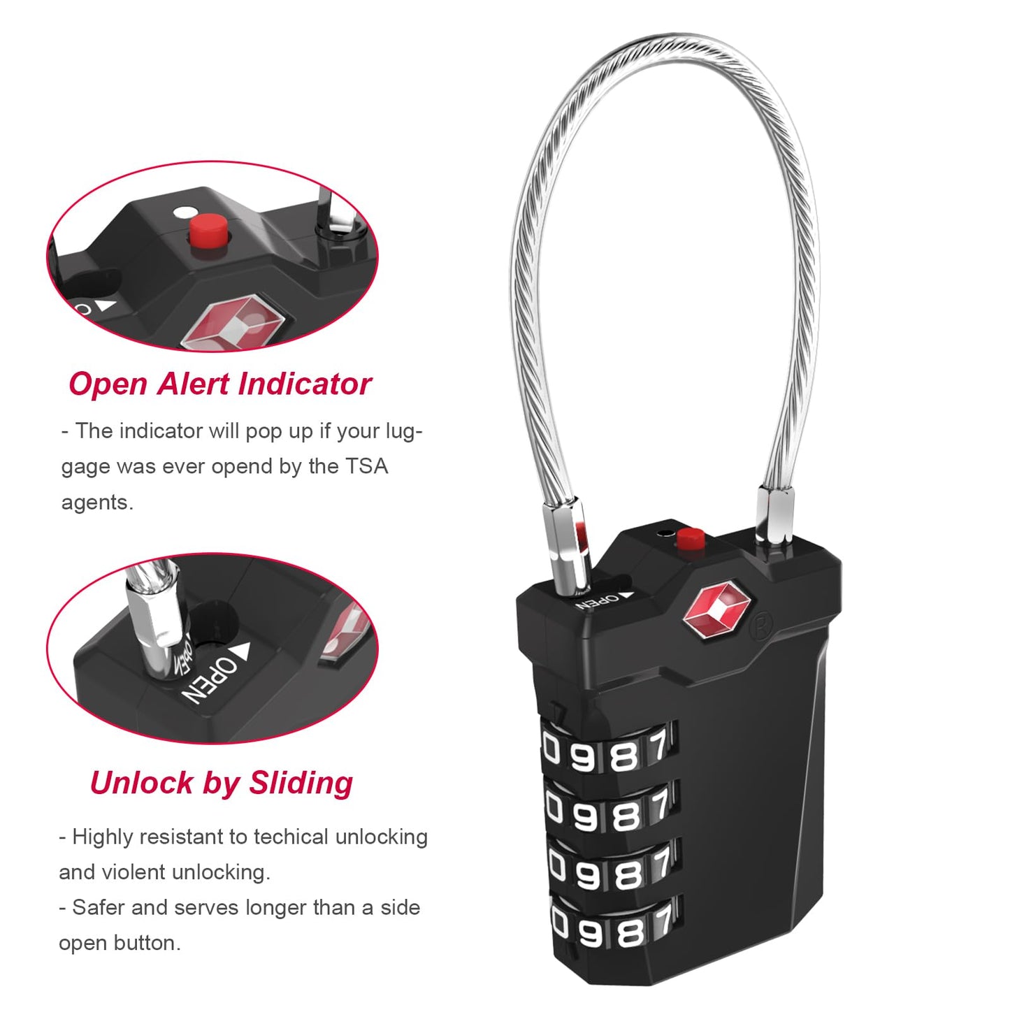 TSA Luggage Locks, 4-Digit Cable Padlock (2 Pack, Black)