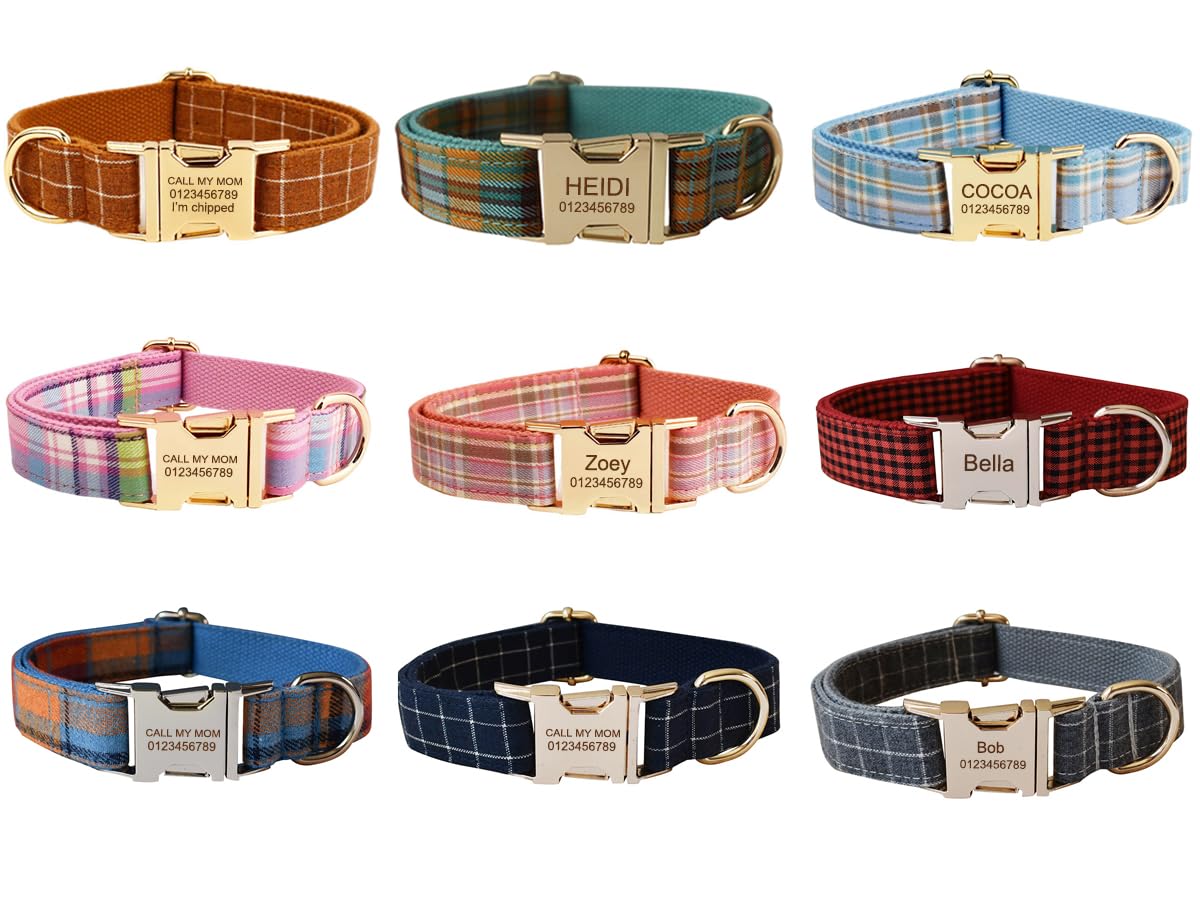 Personalised Plaid Dog Collar with Metal Buckle & Engraved Name