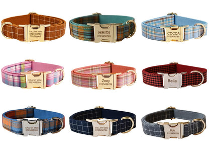 Personalised Plaid Dog Collar with Metal Buckle & Engraved Name