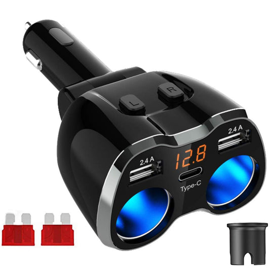120W Car Charger Adapter | Dual USB 2.4A + Type-C | 12V/24V Power Outlet with Switch