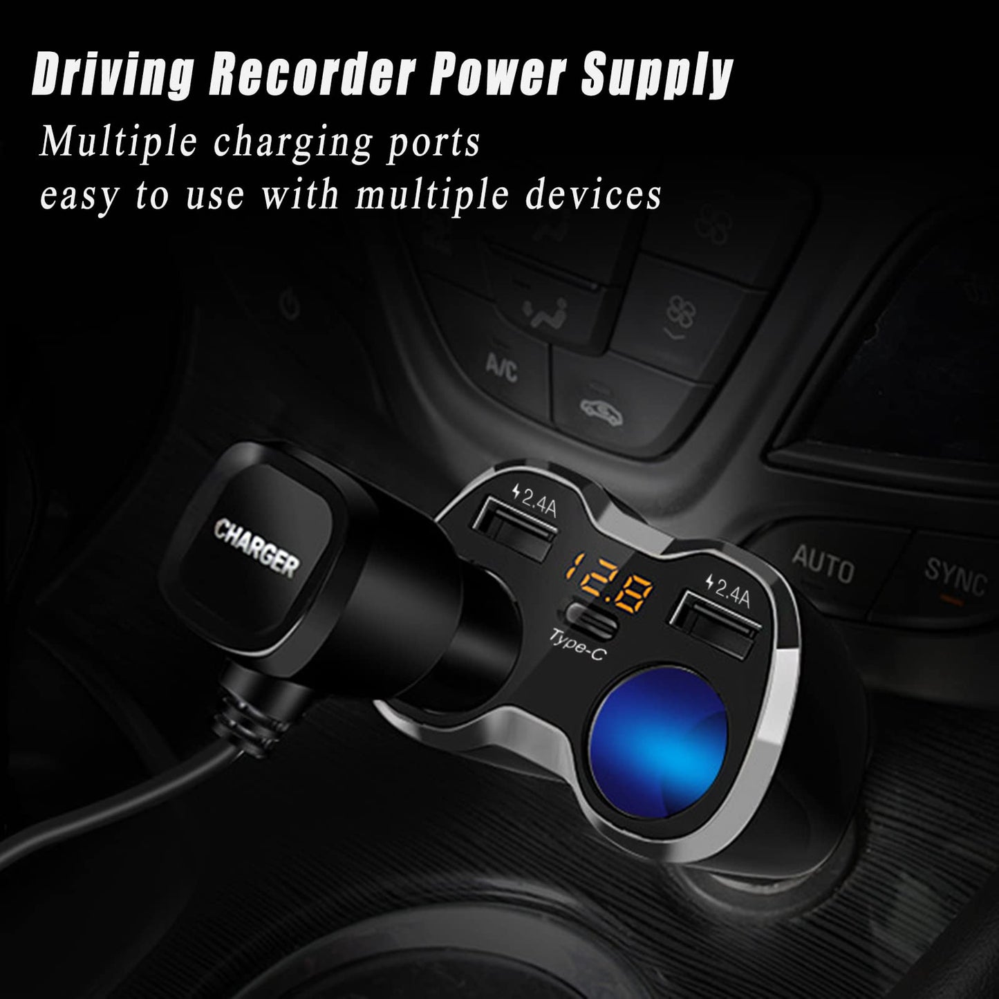 120W Car Charger Adapter | Dual USB 2.4A + Type-C | 12V/24V Power Outlet with Switch