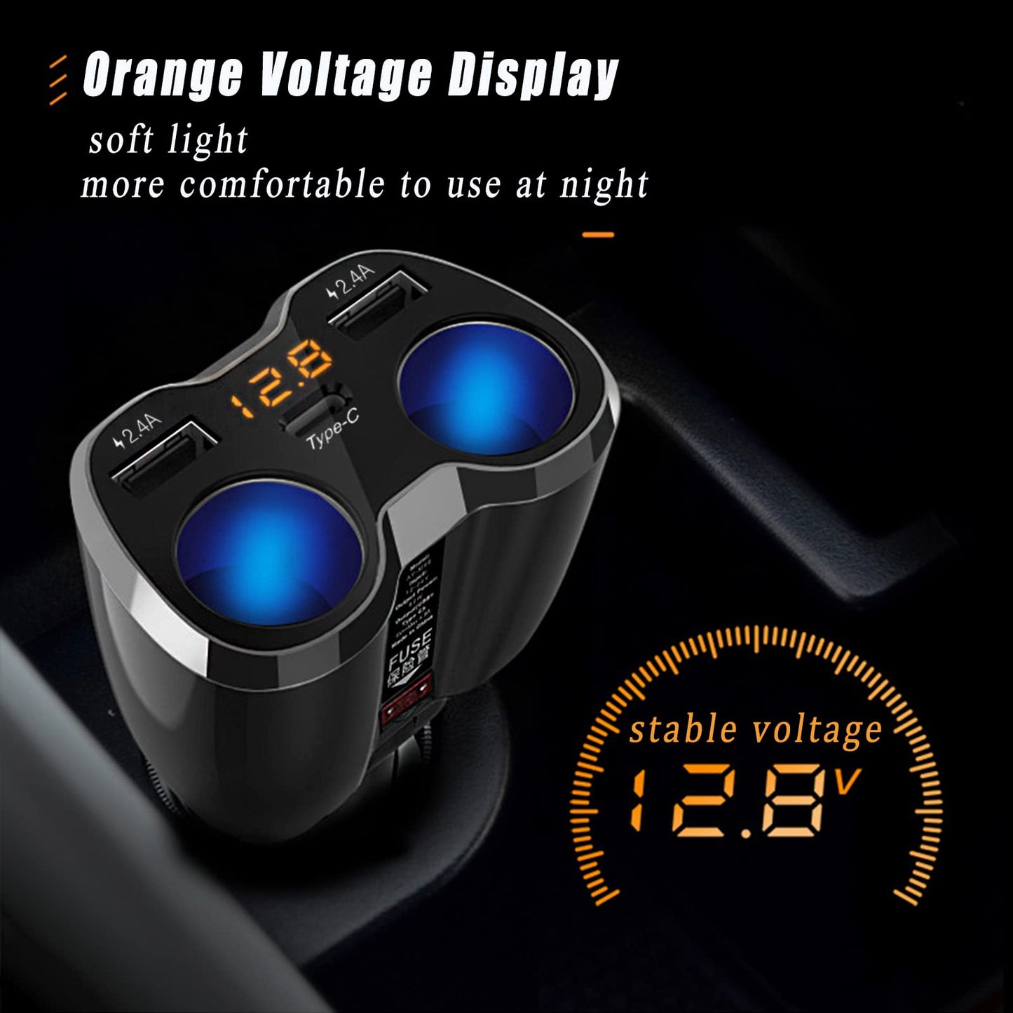 120W Car Charger Adapter | Dual USB 2.4A + Type-C | 12V/24V Power Outlet with Switch