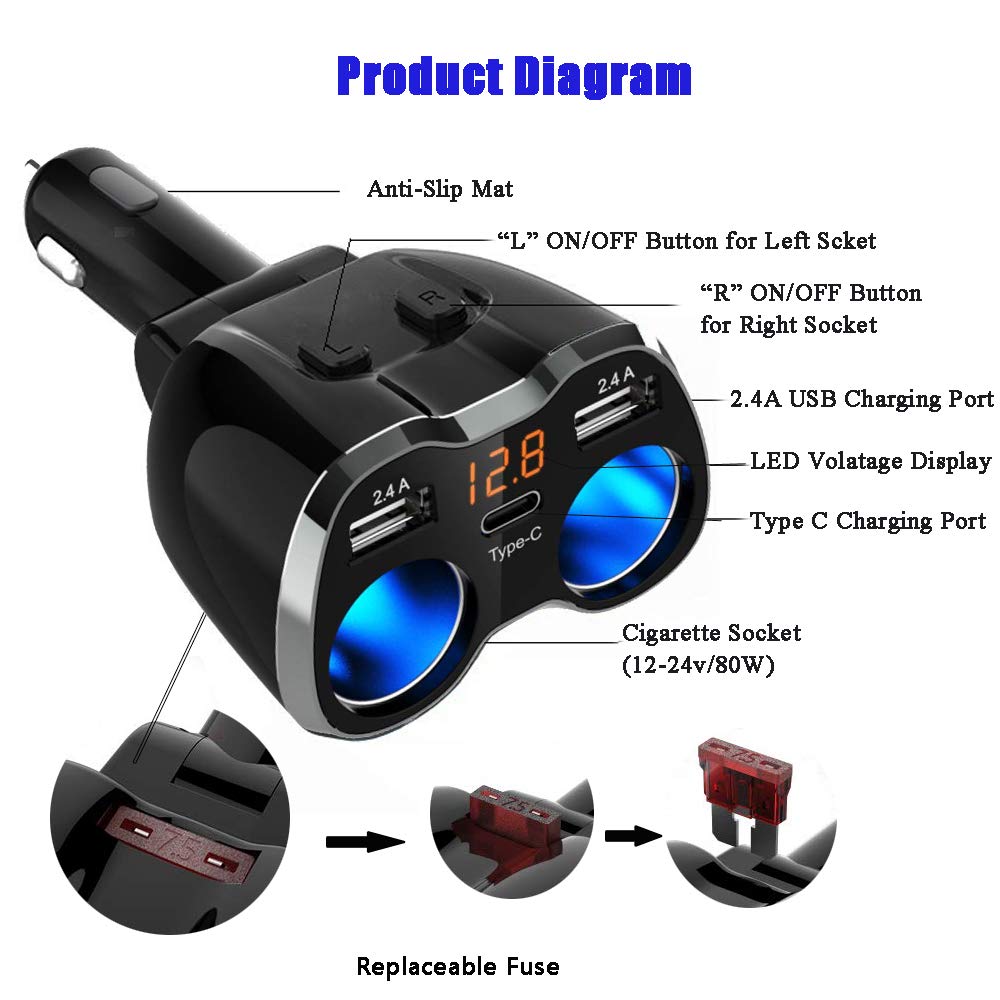 120W Car Charger Adapter | Dual USB 2.4A + Type-C | 12V/24V Power Outlet with Switch