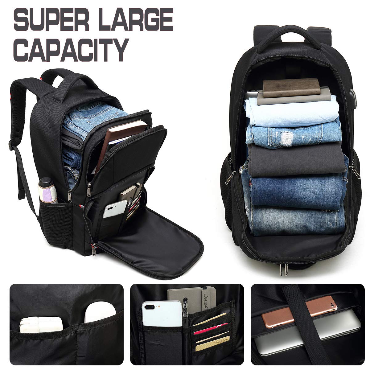 Laptop Backpack, Extra Large Anti-Theft Business Travel Laptop Backpack Bag with USB Charging Port, Fit 17 Inch Laptop, Black