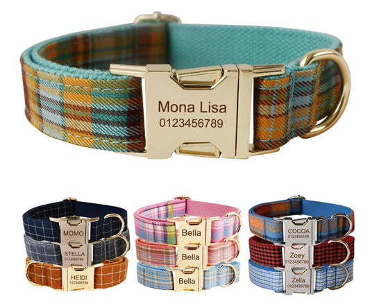 Personalised Plaid Dog Collar with Metal Buckle & Engraved Name