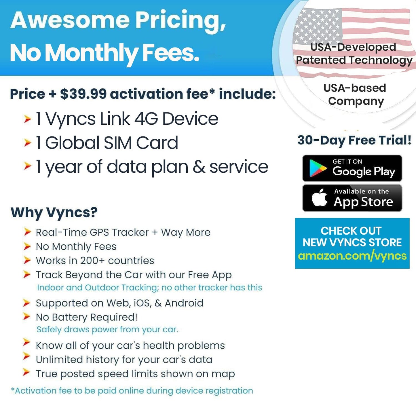 GPS Tracker for Vehicles, [No Monthly Fee], 4G LTE, Vehicle Location, Trip History, Driving Alerts, GeoFence, Fuel Economy, OBD Fault Codes, USA-Developed, Family or Fleets