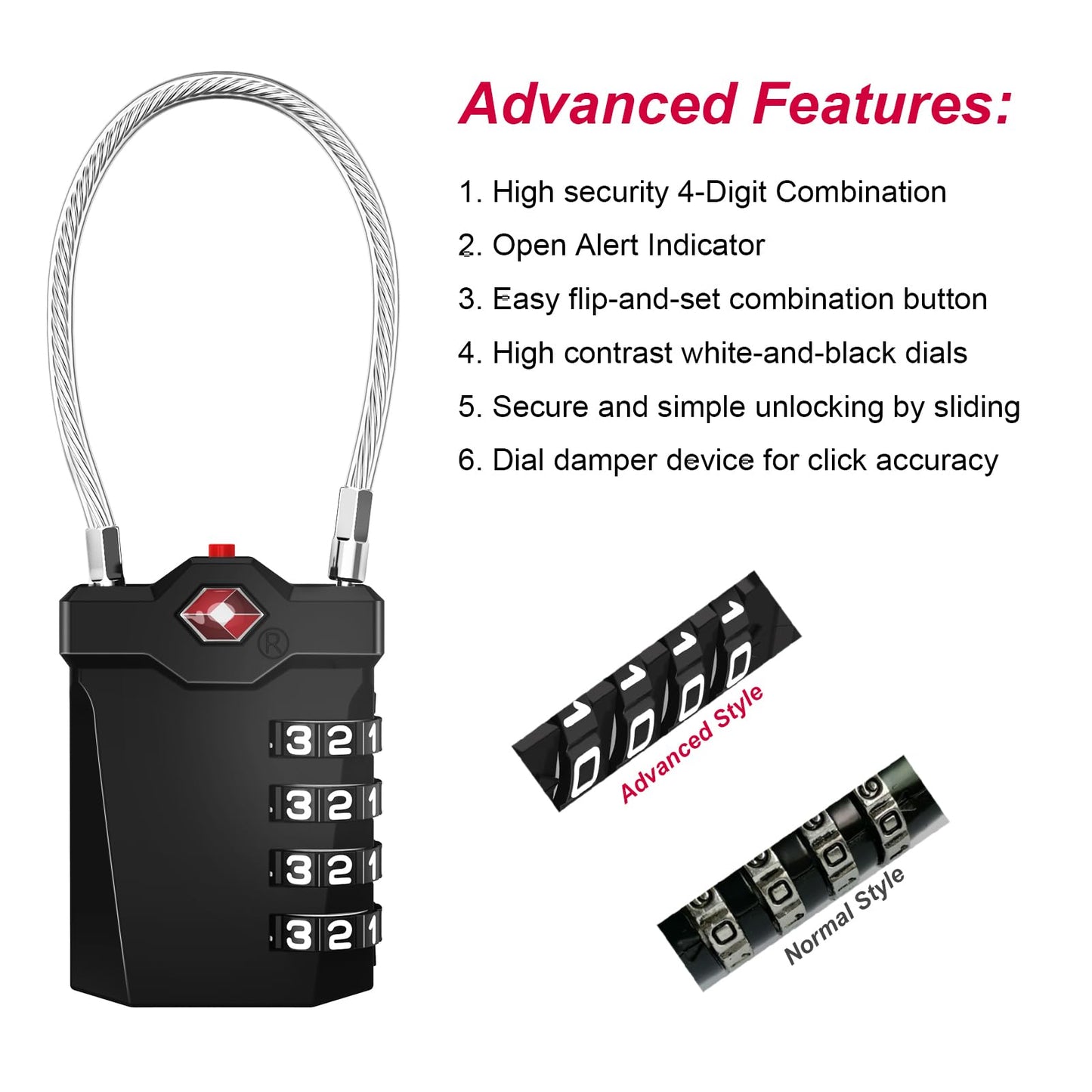 TSA Luggage Locks, 4-Digit Cable Padlock (2 Pack, Black)