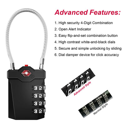 TSA Luggage Locks, 4-Digit Cable Padlock (2 Pack, Black)