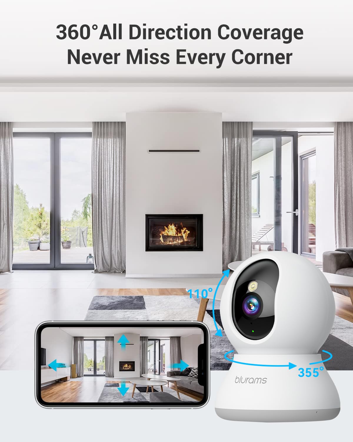 Pet Camera 2K, Indoor Cameras, Dog Camera, 360° Home Security Cameras, Color Night Vision, Motion Tracking, 2-Way Talk, Cloud&SD, APP Control, Works with Alexa