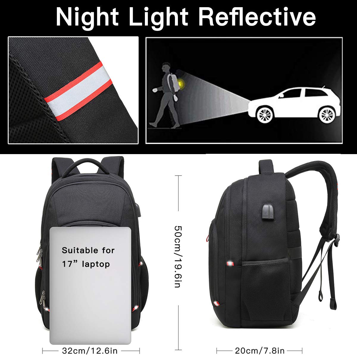 Laptop Backpack, Extra Large Anti-Theft Business Travel Laptop Backpack Bag with USB Charging Port, Fit 17 Inch Laptop, Black