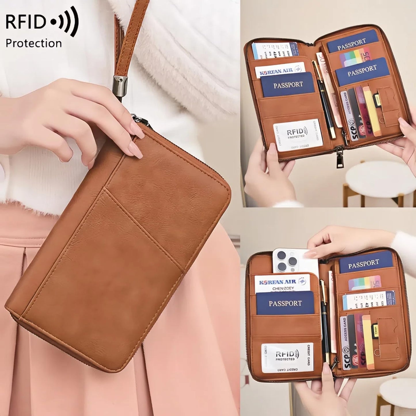 Brown RFID Passport & Travel Wallet