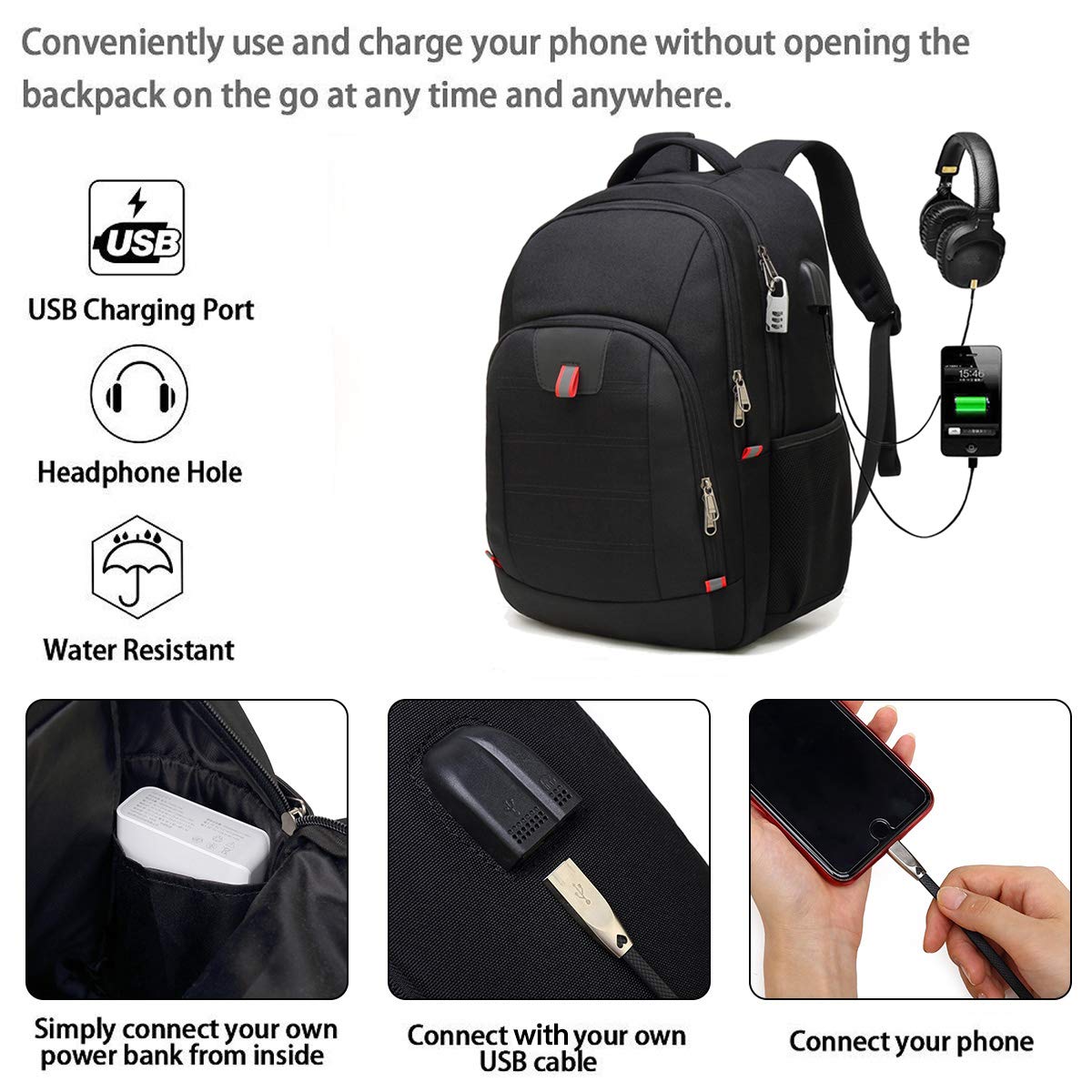 Laptop Backpack, Extra Large Anti-Theft Business Travel Laptop Backpack Bag with USB Charging Port, Fit 17 Inch Laptop, Black